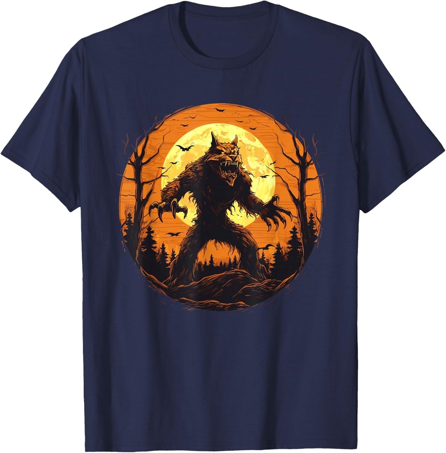 Halloween Werewolf Howling Full Moon Bats Spooky Graphic T-Shirt - T-Shirt | Navy