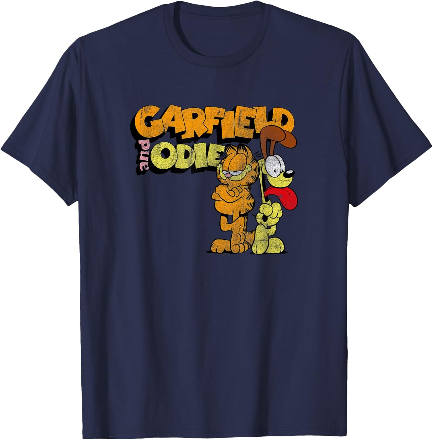 Garfield Distressed Garfield and Odie Cartoon Cat T-Shirt - T-Shirt | Navy