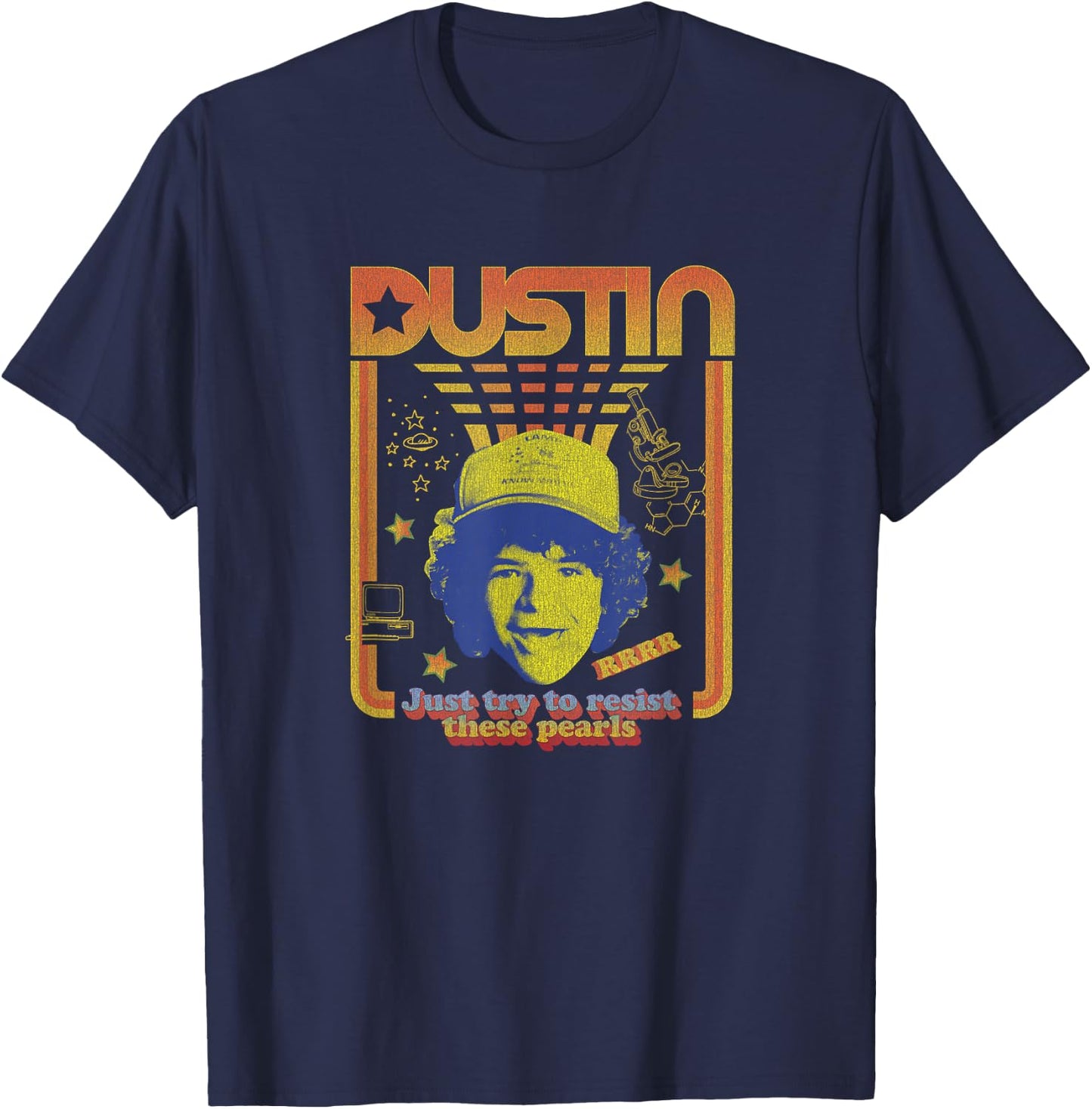 Stranger Things Dustin Floating Head Resist The Pearls Star T-Shirt - T-Shirt | Navy