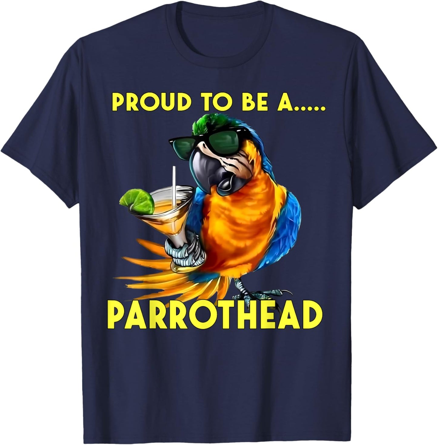 Proud To Be A Parrothead Funny Parrot Drinking Margarita T-Shirt - T-Shirt | Navy