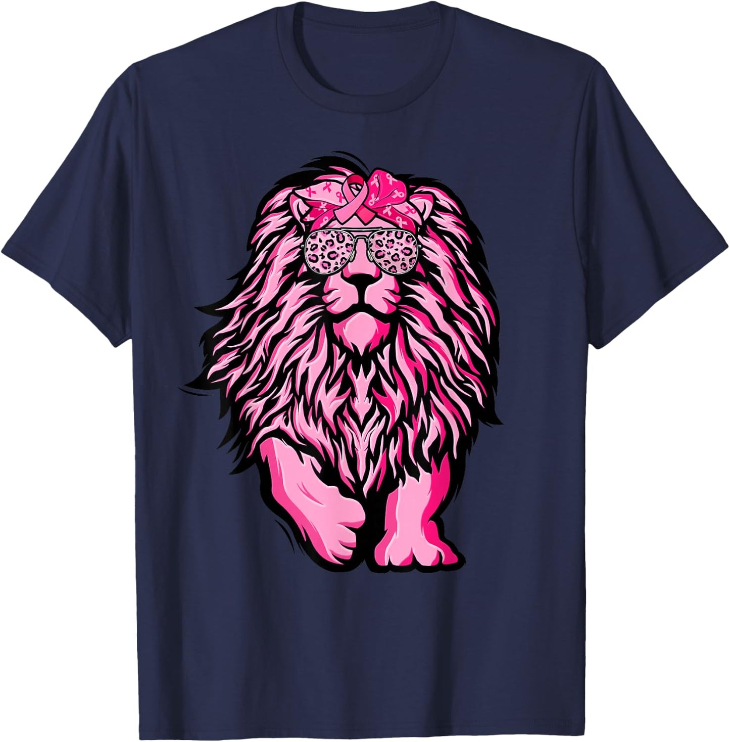 Lion Pink Bandana Ribbon Breast Cancer Awareness Warrior T-Shirt - T-Shirt | Navy