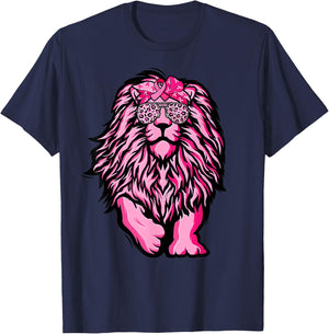 Lion Pink Bandana Ribbon Breast Cancer Awareness Warrior T-Shirt - T-Shirt | Navy