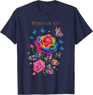 Petals of Joy Colorful Rose and Butterfly Art T-Shirt - T-Shirt | Navy