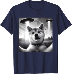 Shiba Inu Dog Dad Mom Funny Graphic Selfie UFOs Weird Aliens T-Shirt - T-Shirt | Navy