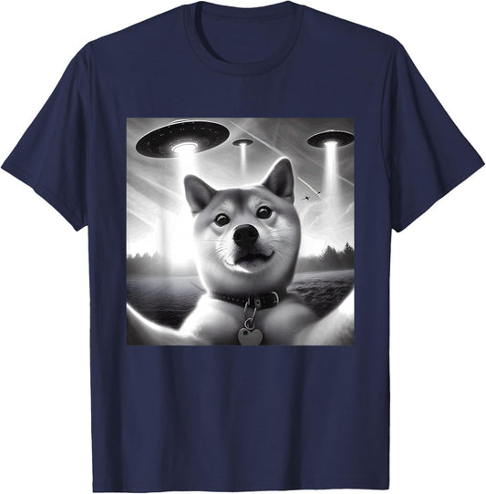 Shiba Inu Dog Dad Mom Funny Graphic Selfie UFOs Weird Aliens T-Shirt - T-Shirt | Navy