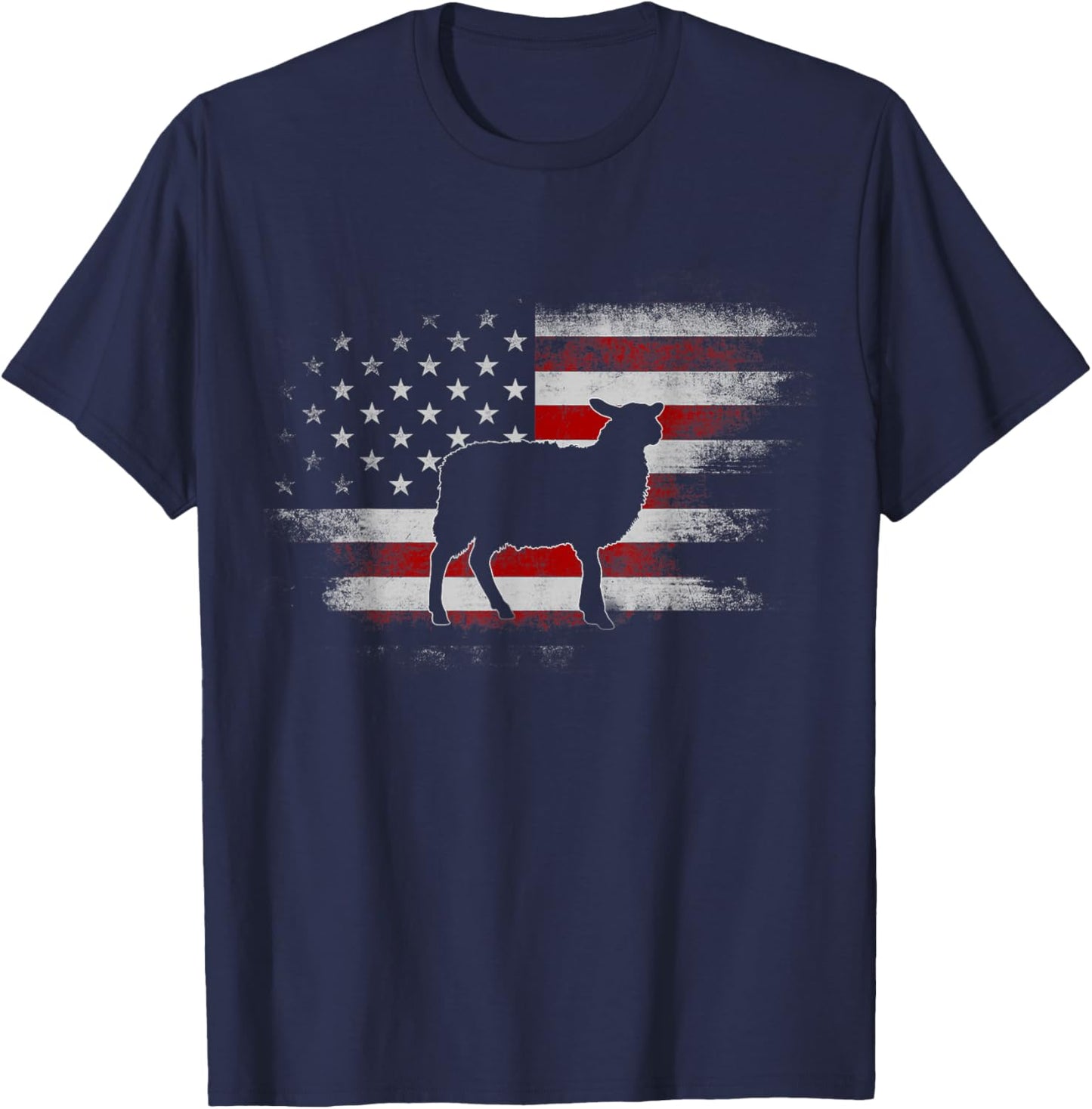 Farm Sheep 4th Of July Cool Sheep US Flag Vintage Design Women Kids Men T-Shirt - T-Shirt | Navy