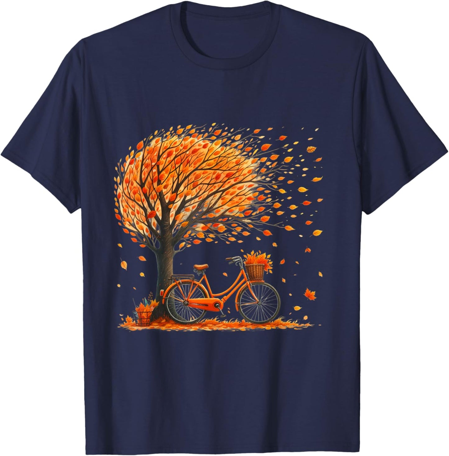Retro Fall Leaves Tree Bicycle Autumn Season Fall Foliage T-Shirt - T-Shirt | Navy