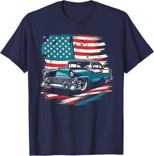 Vintage Classic Car American Flag 4th of July Patriotic T-Shirt - T-Shirt | Navy