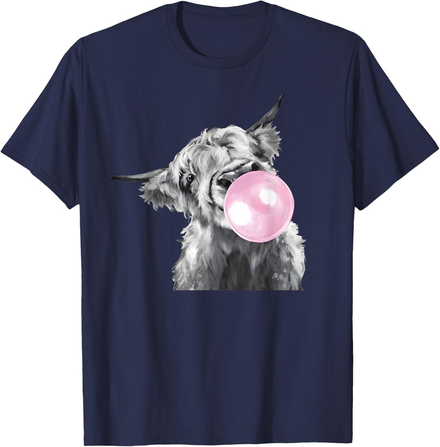 Cute Highland Cow With Bubblegum White And Black Western T-Shirt - T-Shirt | Navy