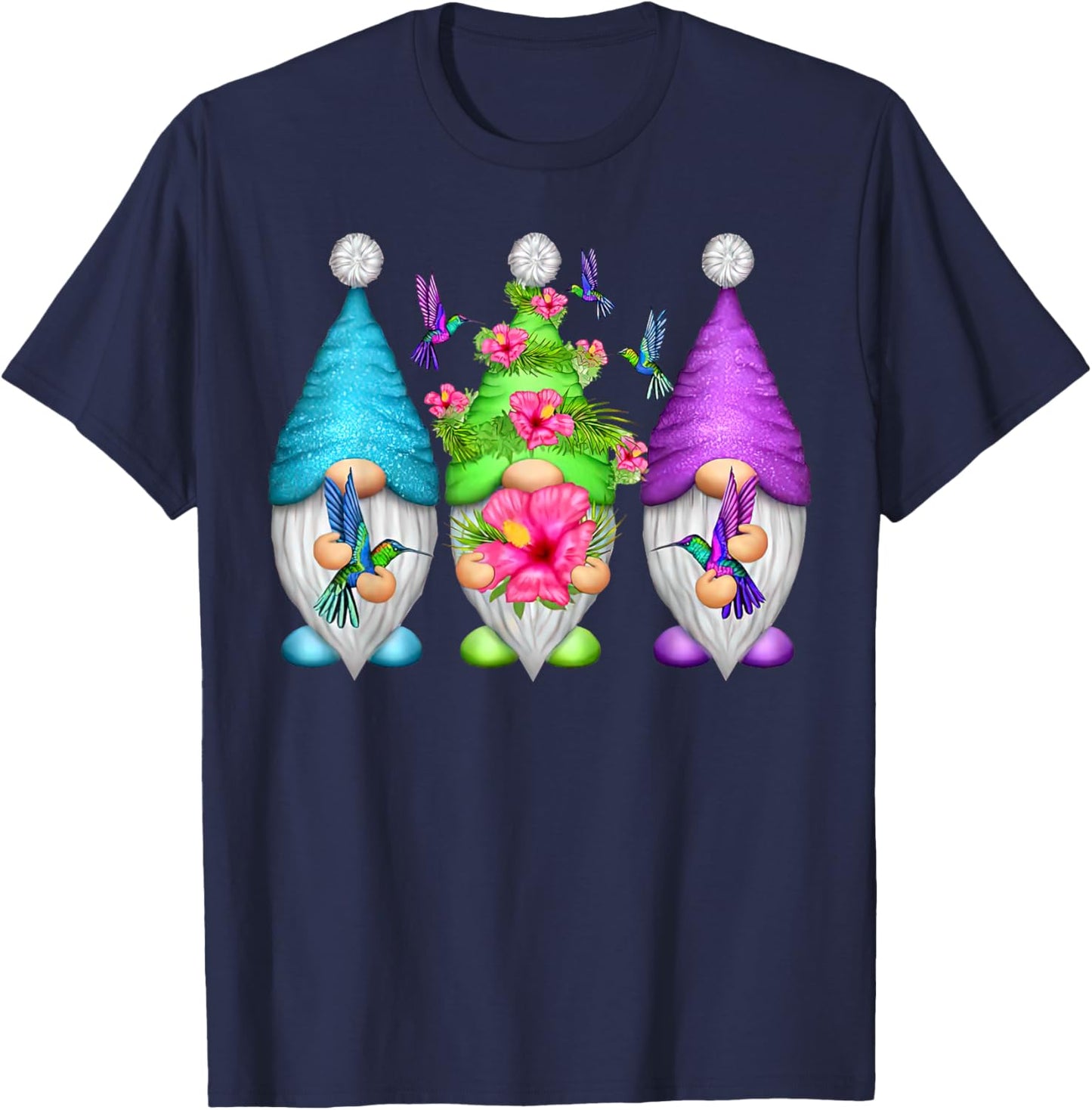 Cute Gnomes Hummingbirds Hibiscus Flower Bird Nature Lover T-Shirt - T-Shirt | Navy