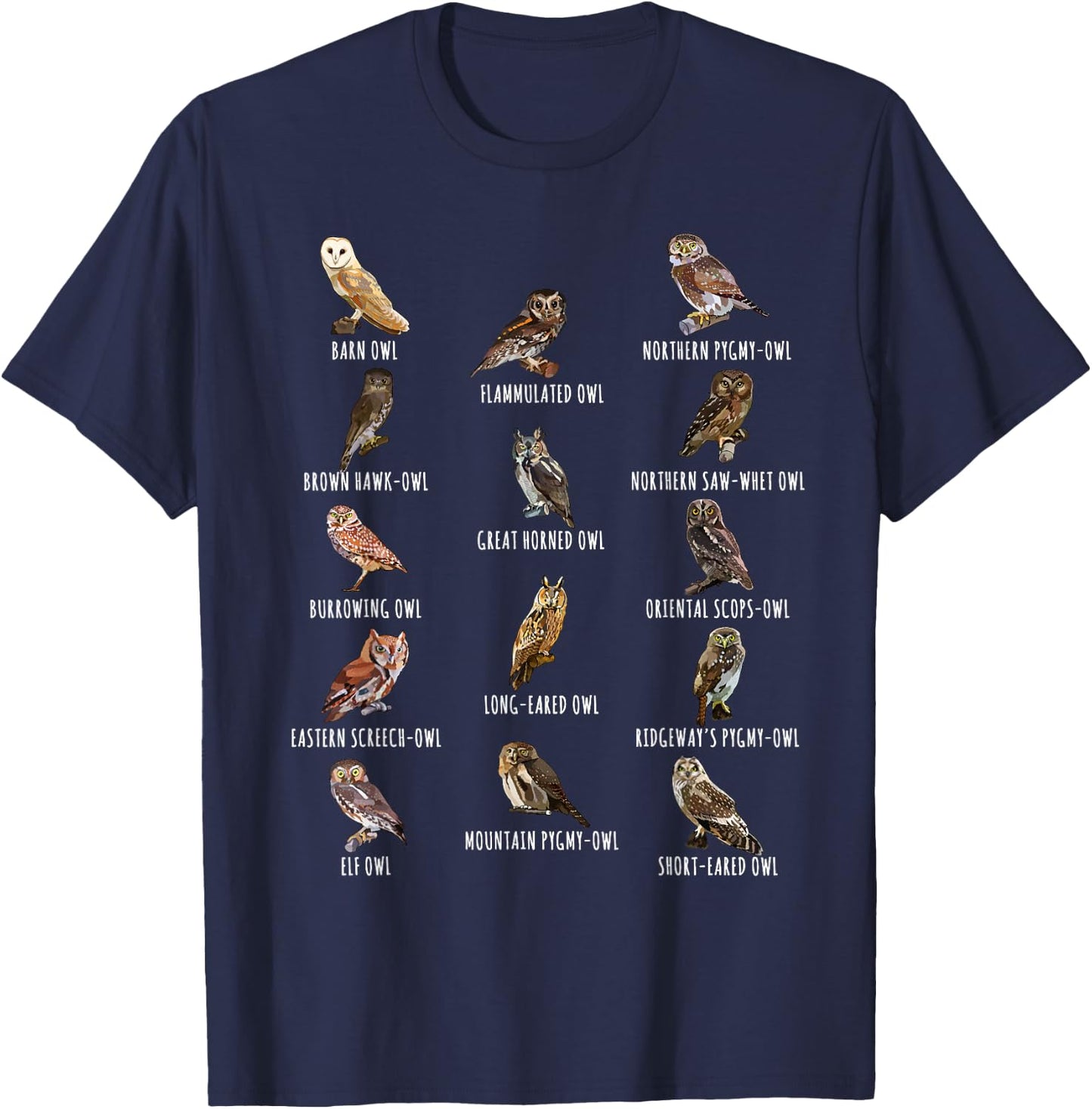 Different Owls Species Biology Types Of Owl Identification T-Shirt - T-Shirt | Navy