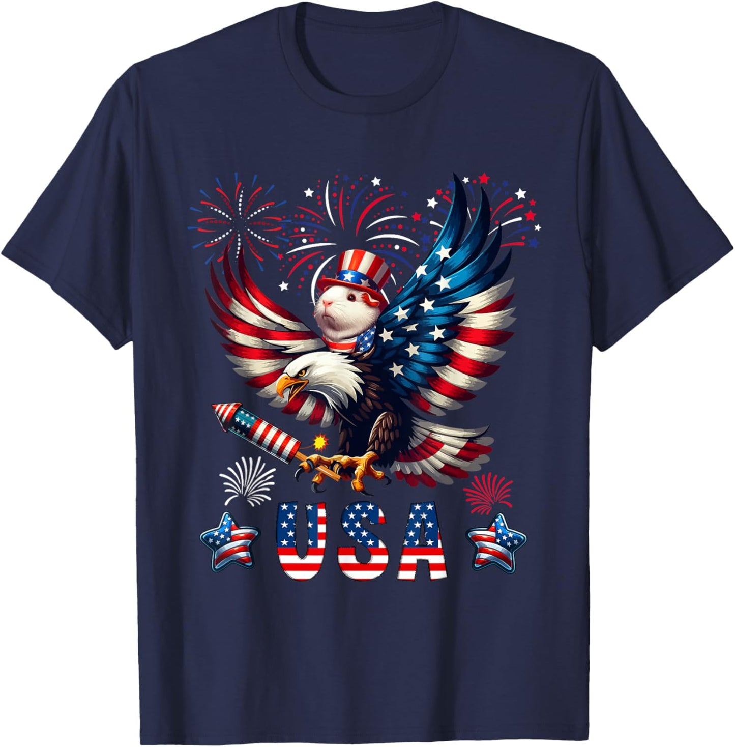 USA 4th Of July Guinea Pig Riding Eagle Fireworks Patriotic Kids Men T-Shirt - T-Shirt | Navy