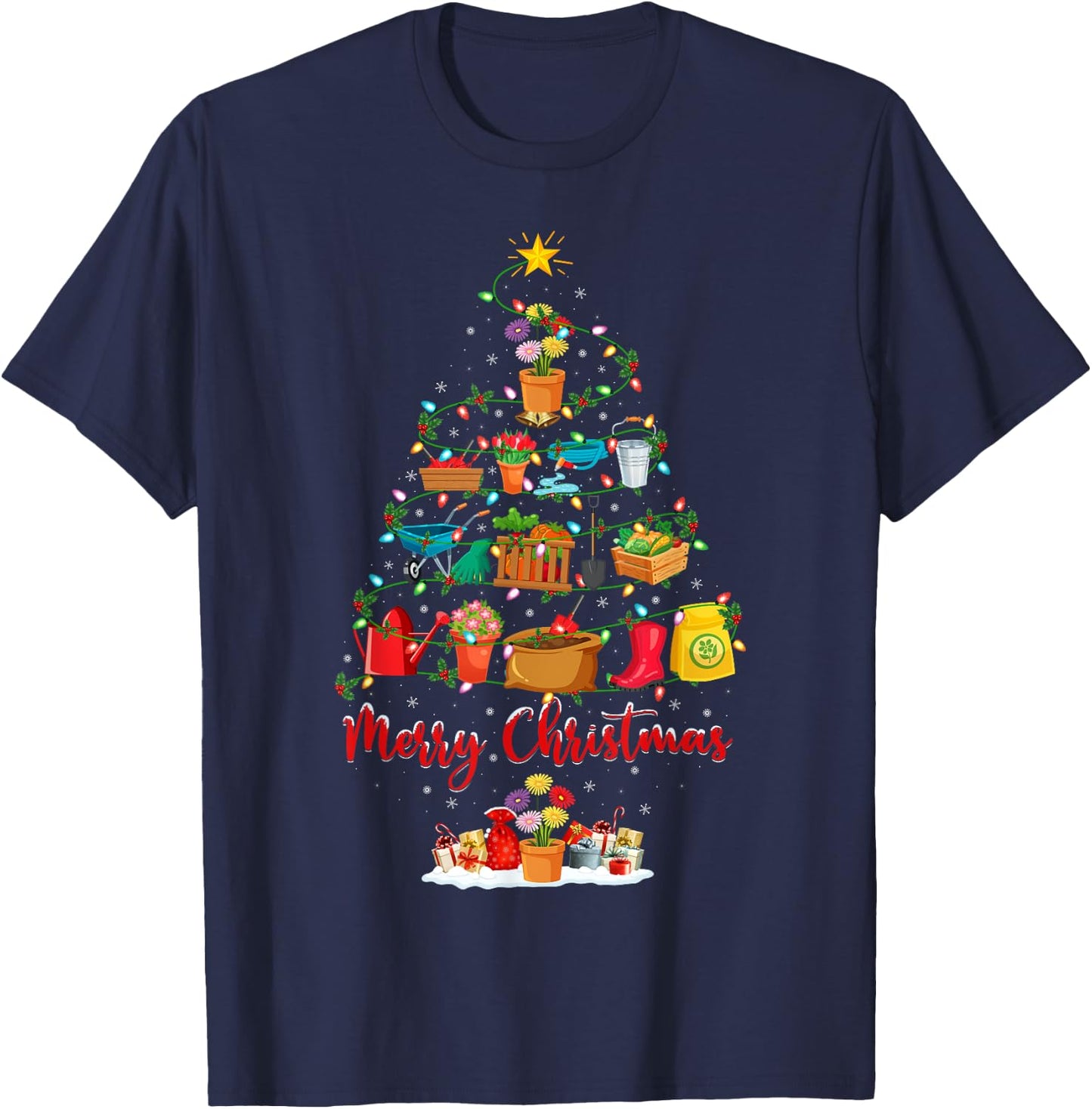 Garden Plant Xmas Lighting Santa Gardening Christmas Tree T-Shirt - T-Shirt | Navy