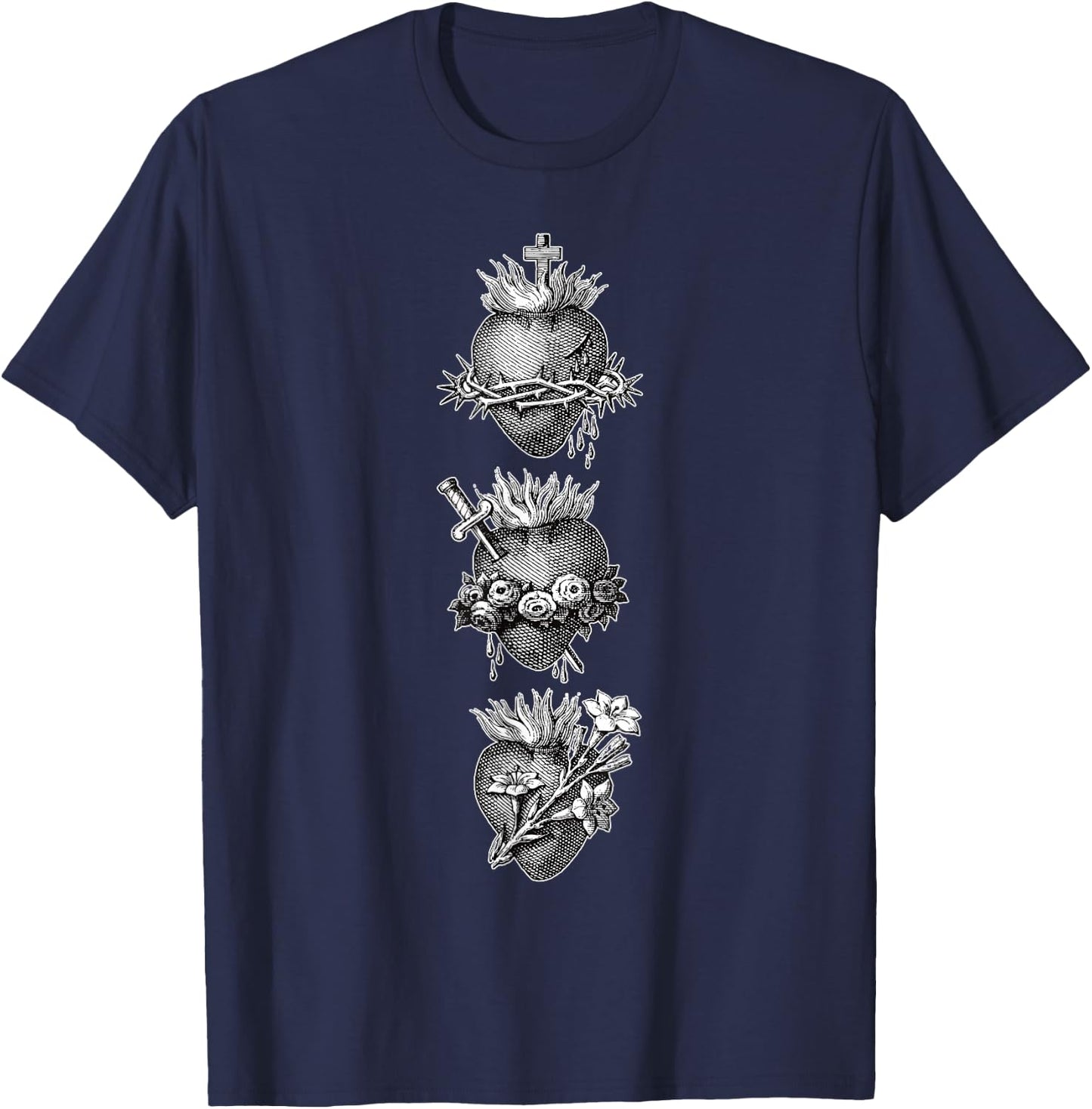 Sacred Hearts of Jesus The Virgin Mary and Saint Joseph T-Shirt - T-Shirt | Navy