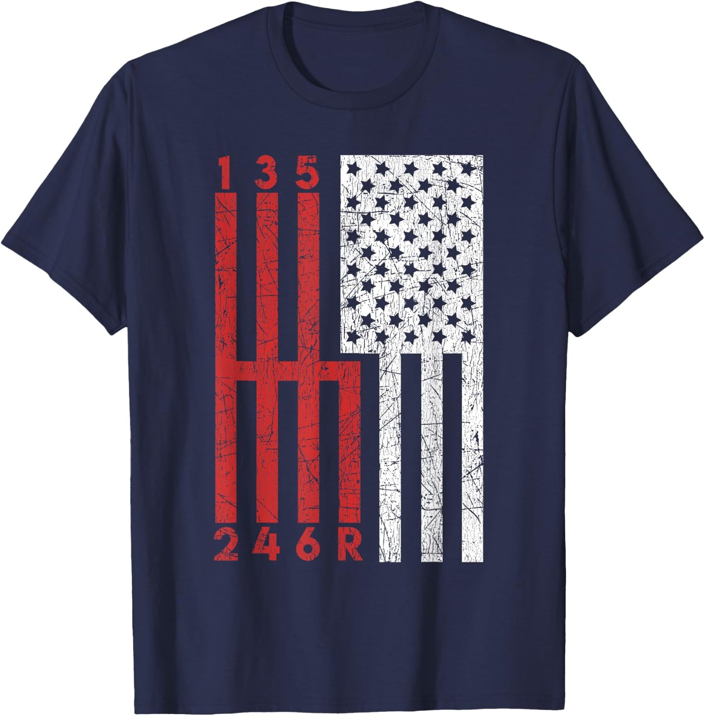 Funny Stick Shift USA Flag Muscle Car 6 Gears Mechanic Gift T-Shirt - T-Shirt | Navy