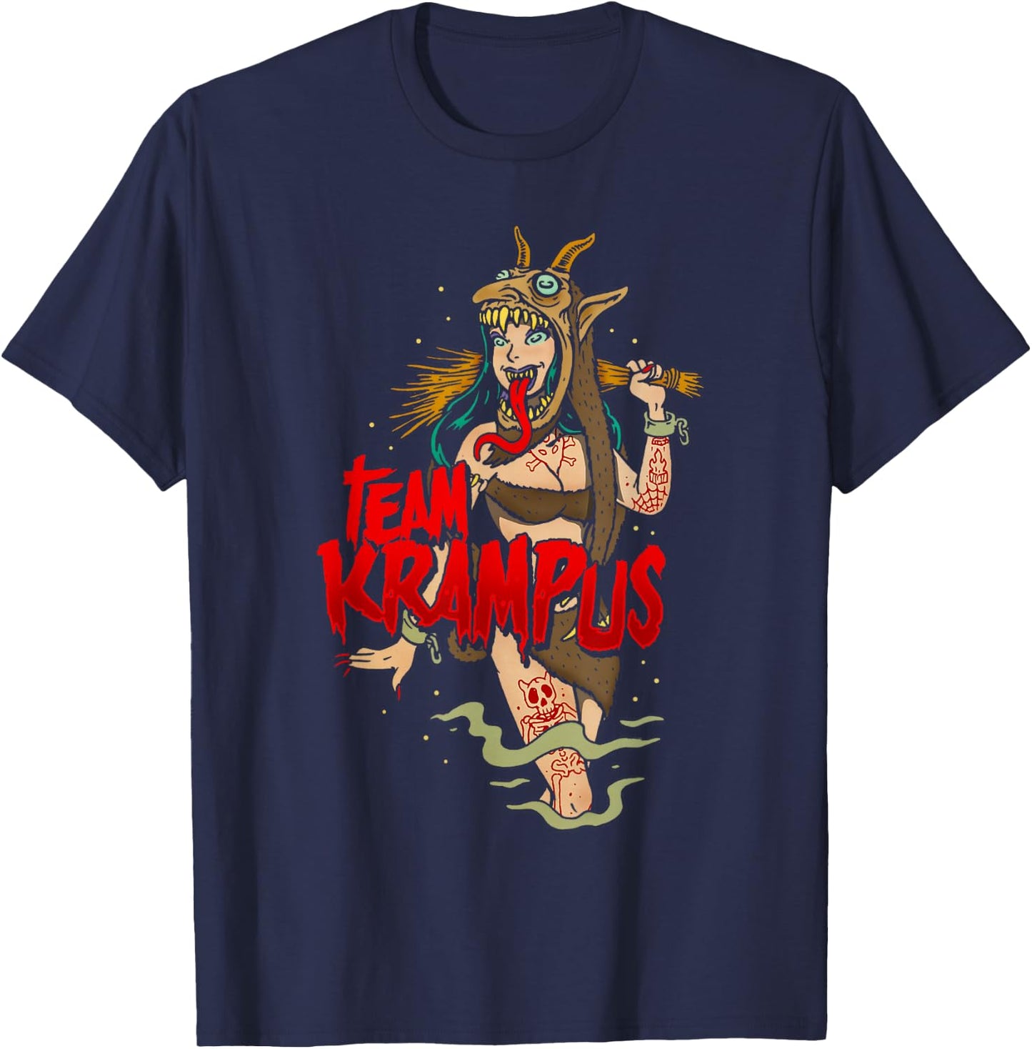 Team Krampus Pinup Goth Emo Girl Christmas T-Shirt - T-Shirt | Navy