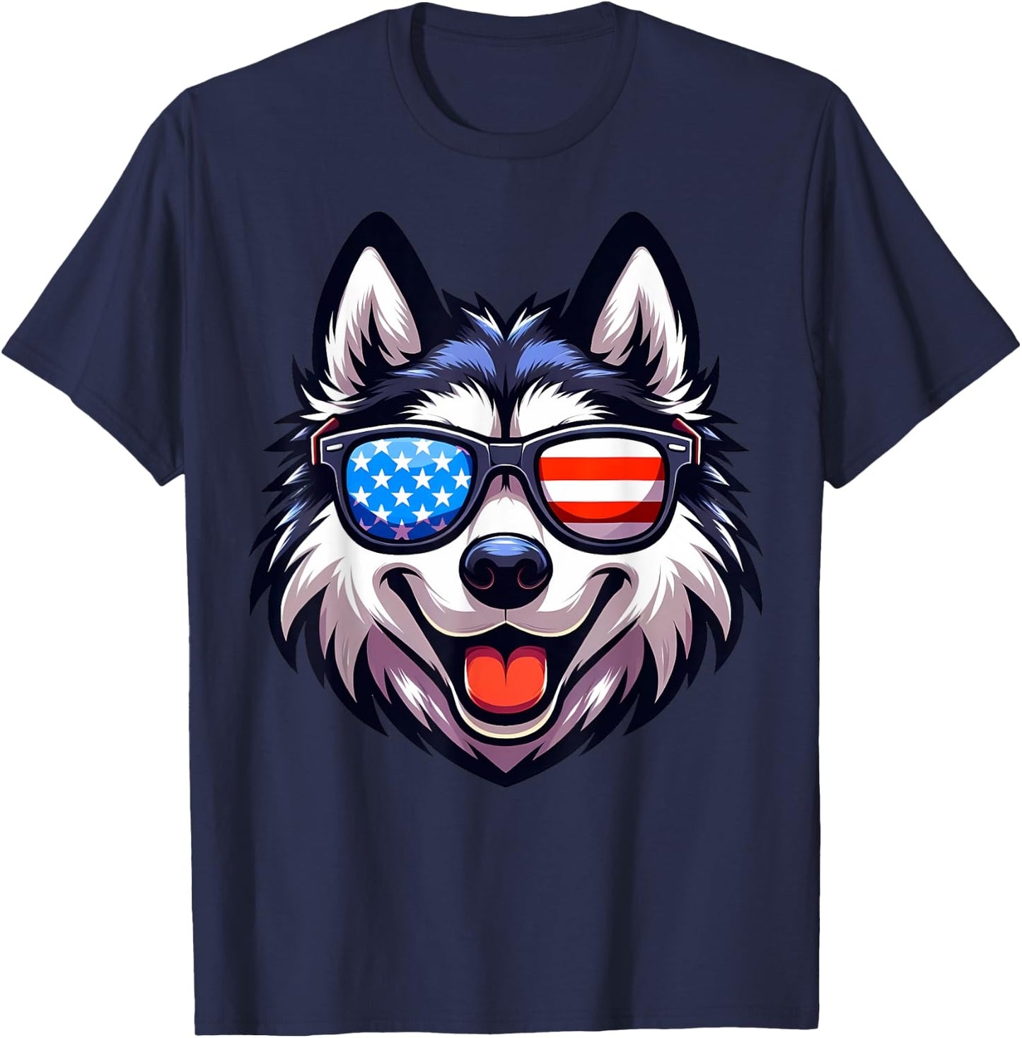 Husky Patriotic American Flag USA Sunglasses Dog Men Women Kids T-Shirt - T-Shirt | Navy