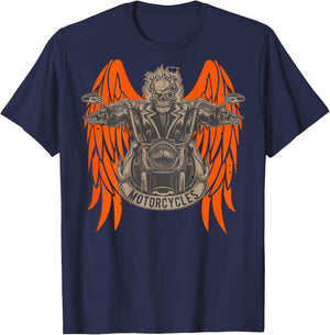 Motorcycle Rider Skeleton Angel Wings Distressed - on back T-Shirt - T-Shirt | Navy