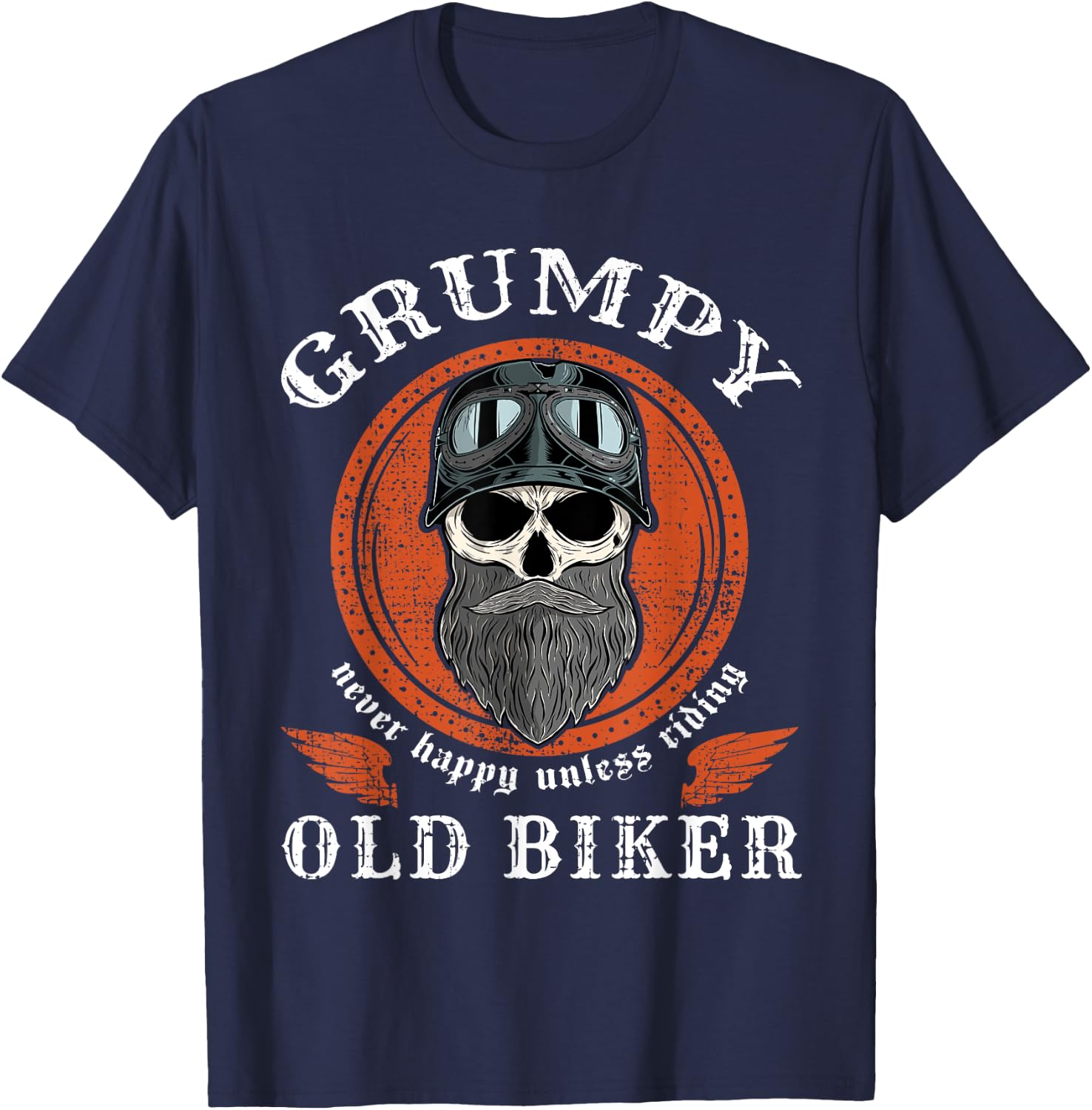 Vintage Grumpy Old Biker Skull With Beard Helmet Motorcycle T-Shirt - T-Shirt | Navy