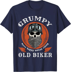 Vintage Grumpy Old Biker Skull With Beard Helmet Motorcycle T-Shirt - T-Shirt | Navy