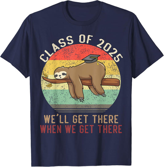 Funny Retro Senior Class Of 2025 Sloth Cap Graduation Gifts T-Shirt - T-Shirt | Navy