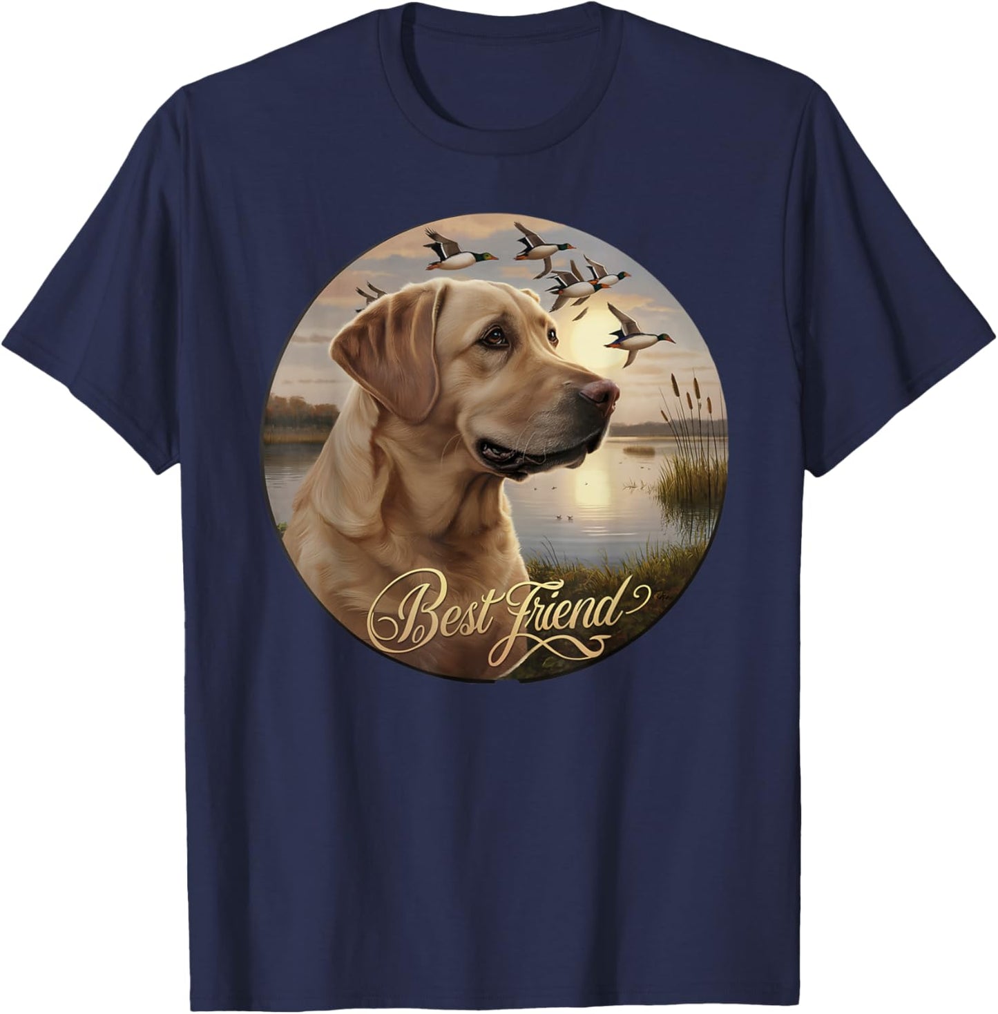 Best Friend Hunting Yellow Labrador Dog with Ducks and Geese T-Shirt - T-Shirt | Navy