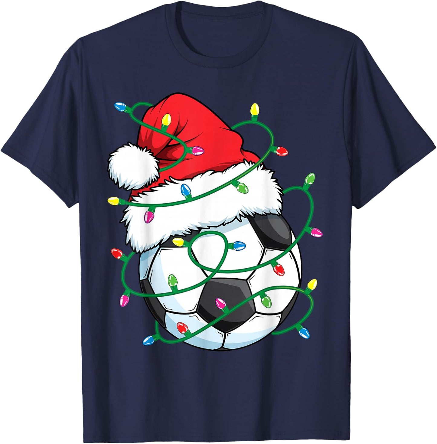 Santa Soccer Sports Ball Men Boys Christmas Xmas Lights T-Shirt - T-Shirt | Navy