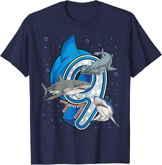 9th Birthday Boys Shark 9 years Old Ocean Shark B-day T-Shirt - T-Shirt | Navy