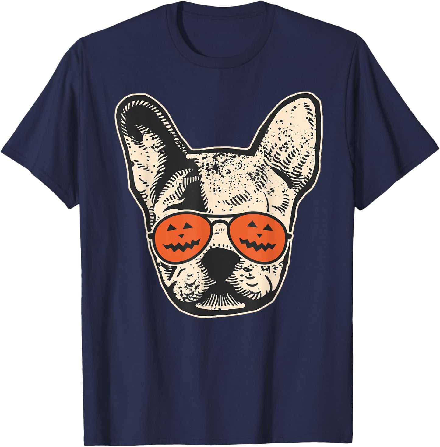 Frenchie in Pumpkin Sunglasses - French Bulldog Halloween T-Shirt - T-Shirt | Navy