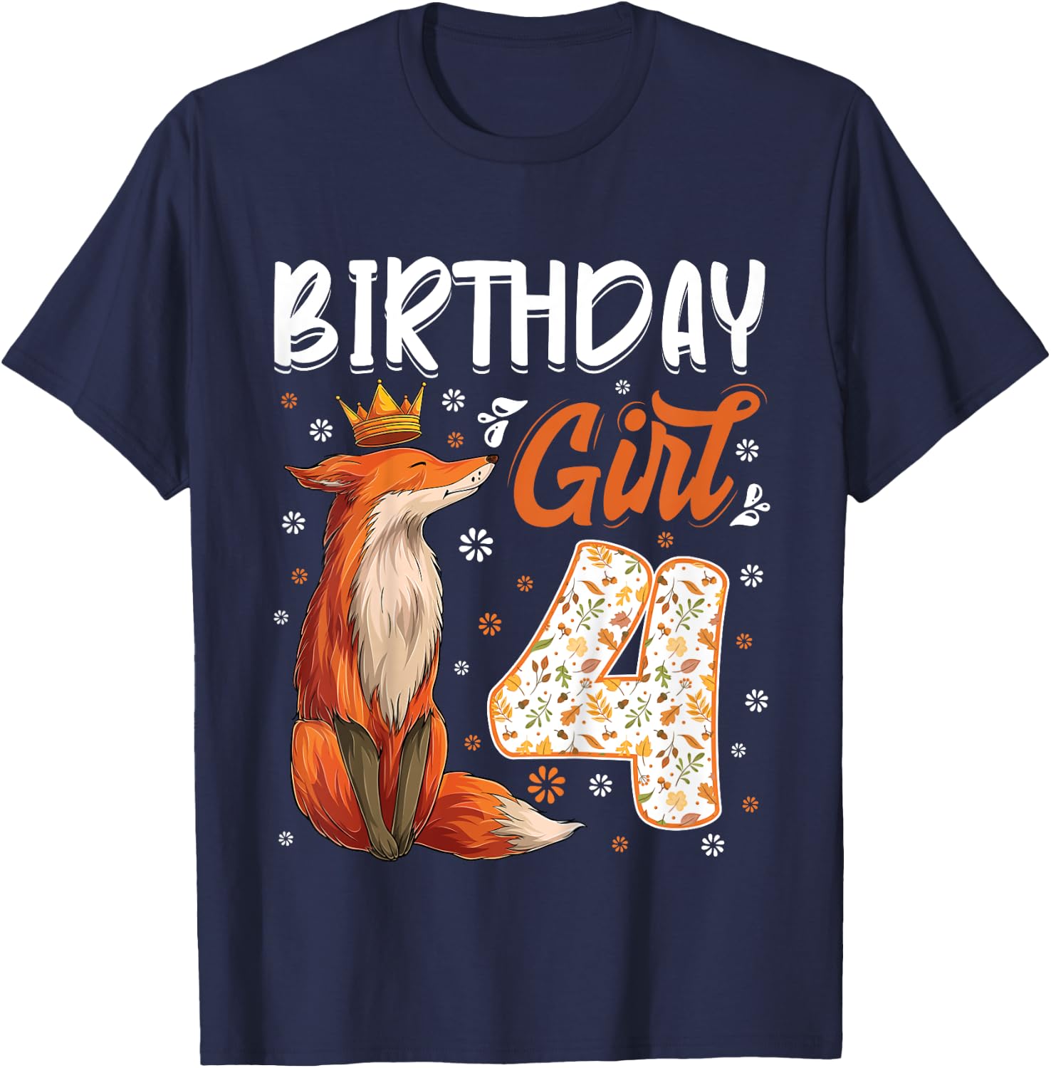 Kids Fox Animal Lovers 4th Birthday Girl Fox B-day 4 year old T-Shirt - T-Shirt | Navy