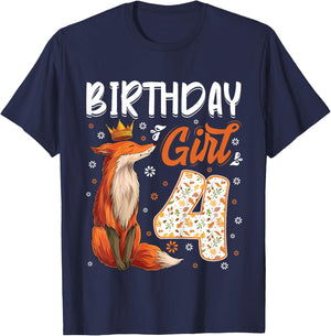 Kids Fox Animal Lovers 4th Birthday Girl Fox B-day 4 year old T-Shirt - T-Shirt | Navy
