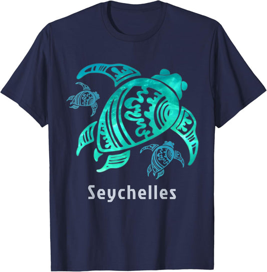 Seychelles Sea Blue Tribal Turtle T-Shirt - T-Shirt | Navy