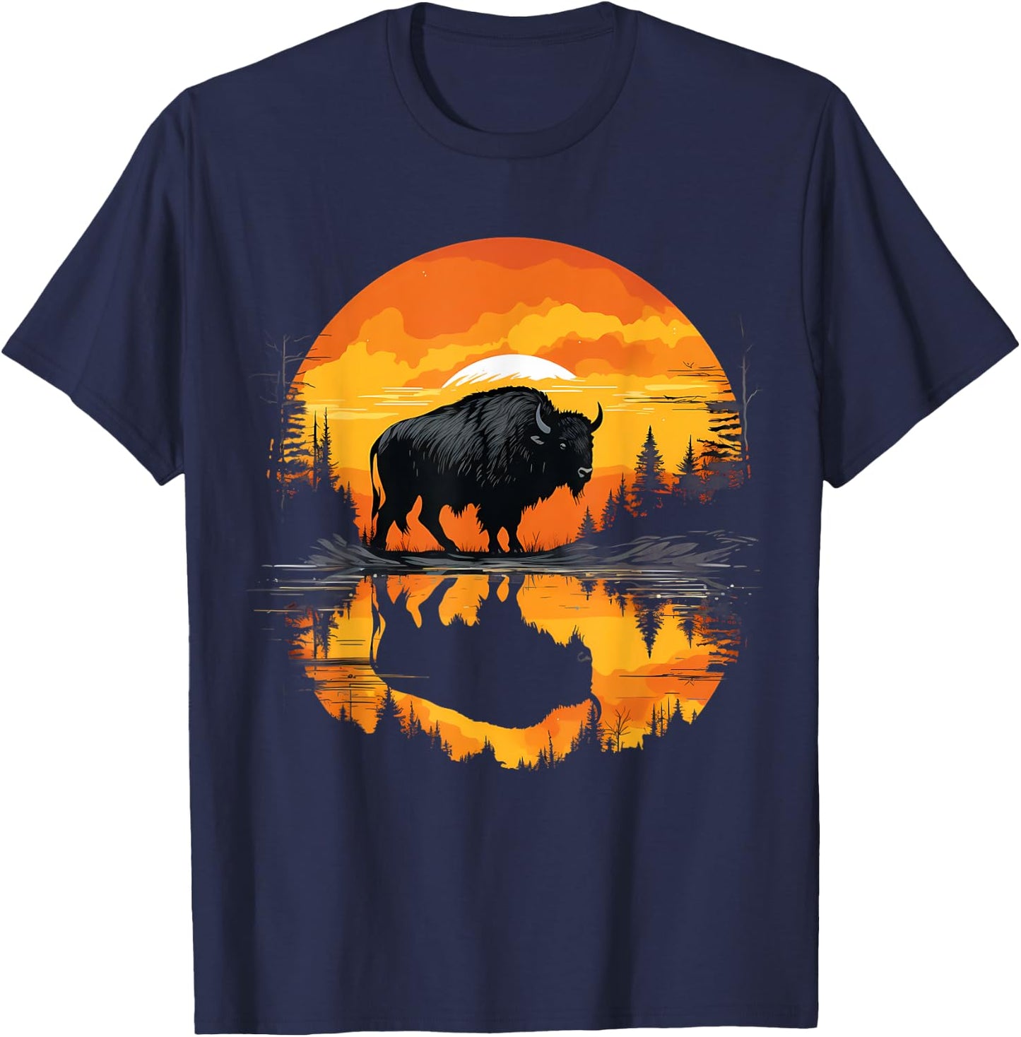 Buffalo Sunset Wildlife Safari Nature Bison Motif Savanna T-Shirt - T-Shirt | Navy
