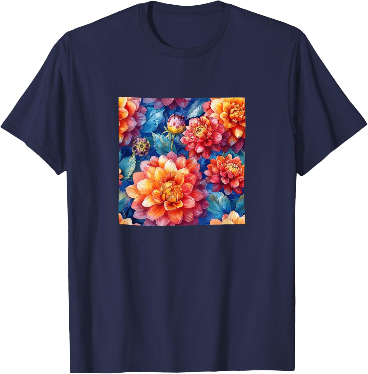 Dahlia Flower Watercolor Pattern Graphic T-Shirt - T-Shirt | Navy