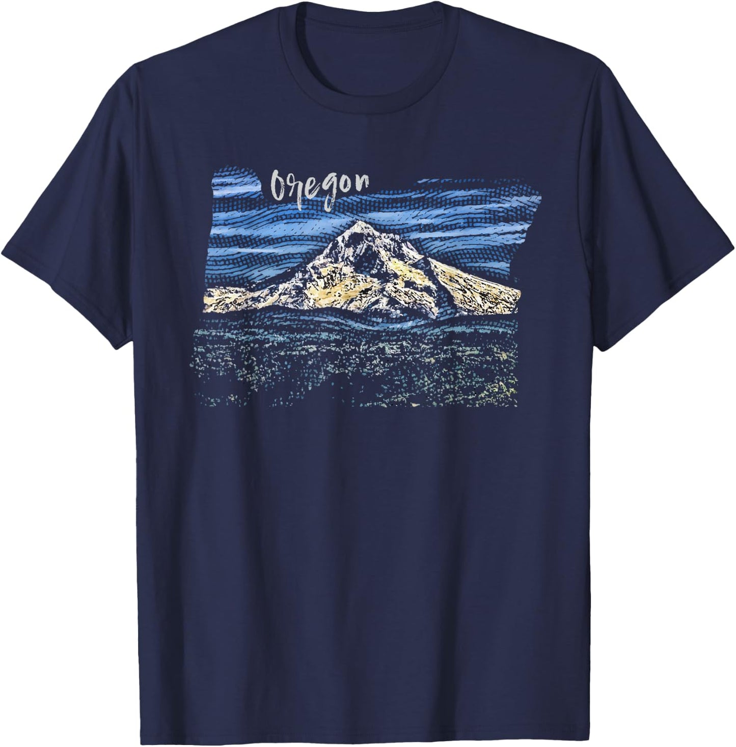 Mt. Hood Oregon Hand Drawn Engraving T-Shirt - T-Shirt | Navy