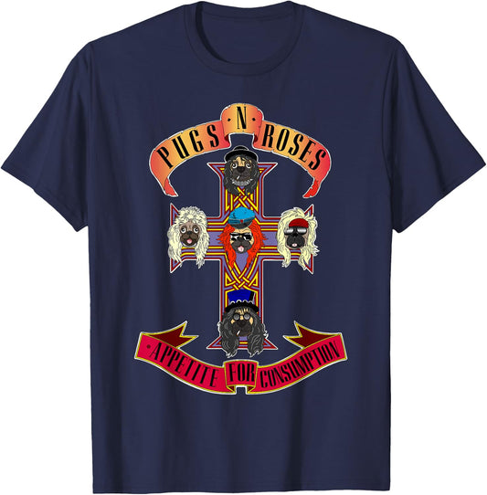 Pugs & Roses Funny Classic Rock And Roll Lover Pug Owner T-Shirt - T-Shirt | Navy