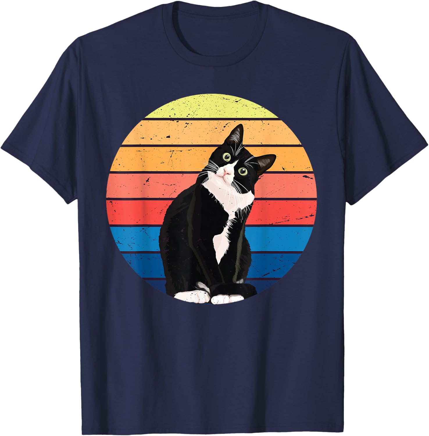 Tuxedo Cat Gift Retro Colors for Animal Lovers T-Shirt - T-Shirt | Navy
