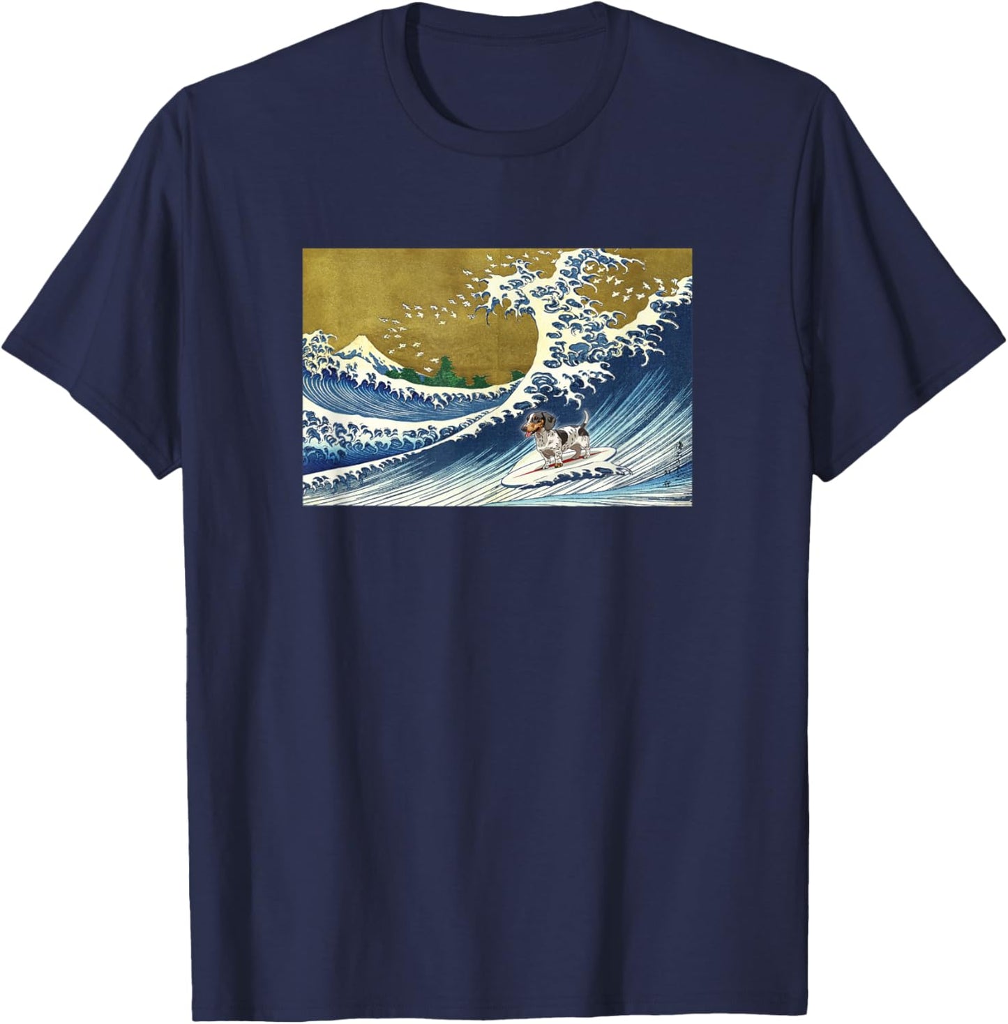 Funny Retro Vintage Surfing A Wave Piebald Dachshund Lover T-Shirt - T-Shirt | Navy