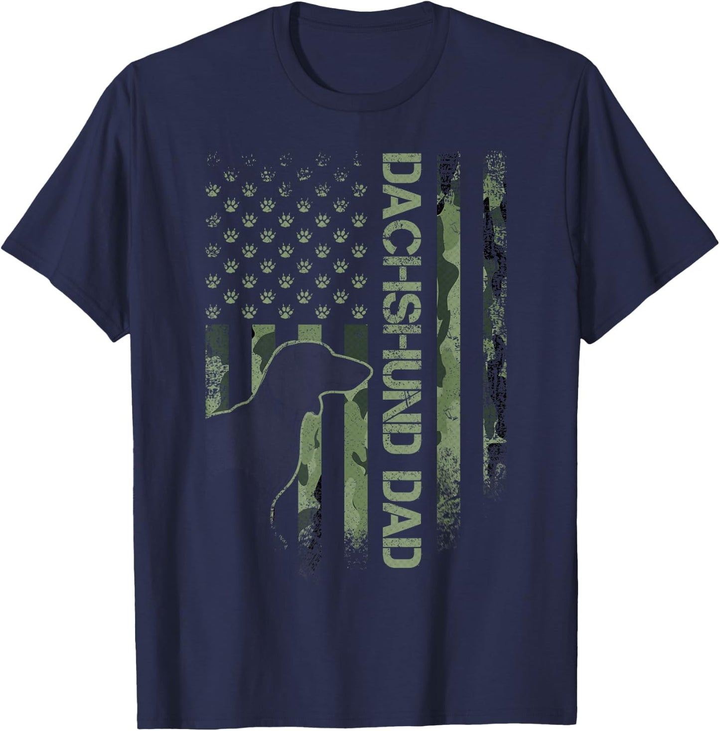 Vintage USA Camo Flag Proud Dachshund Dad Wiener Silhouette T-Shirt - T-Shirt | Navy