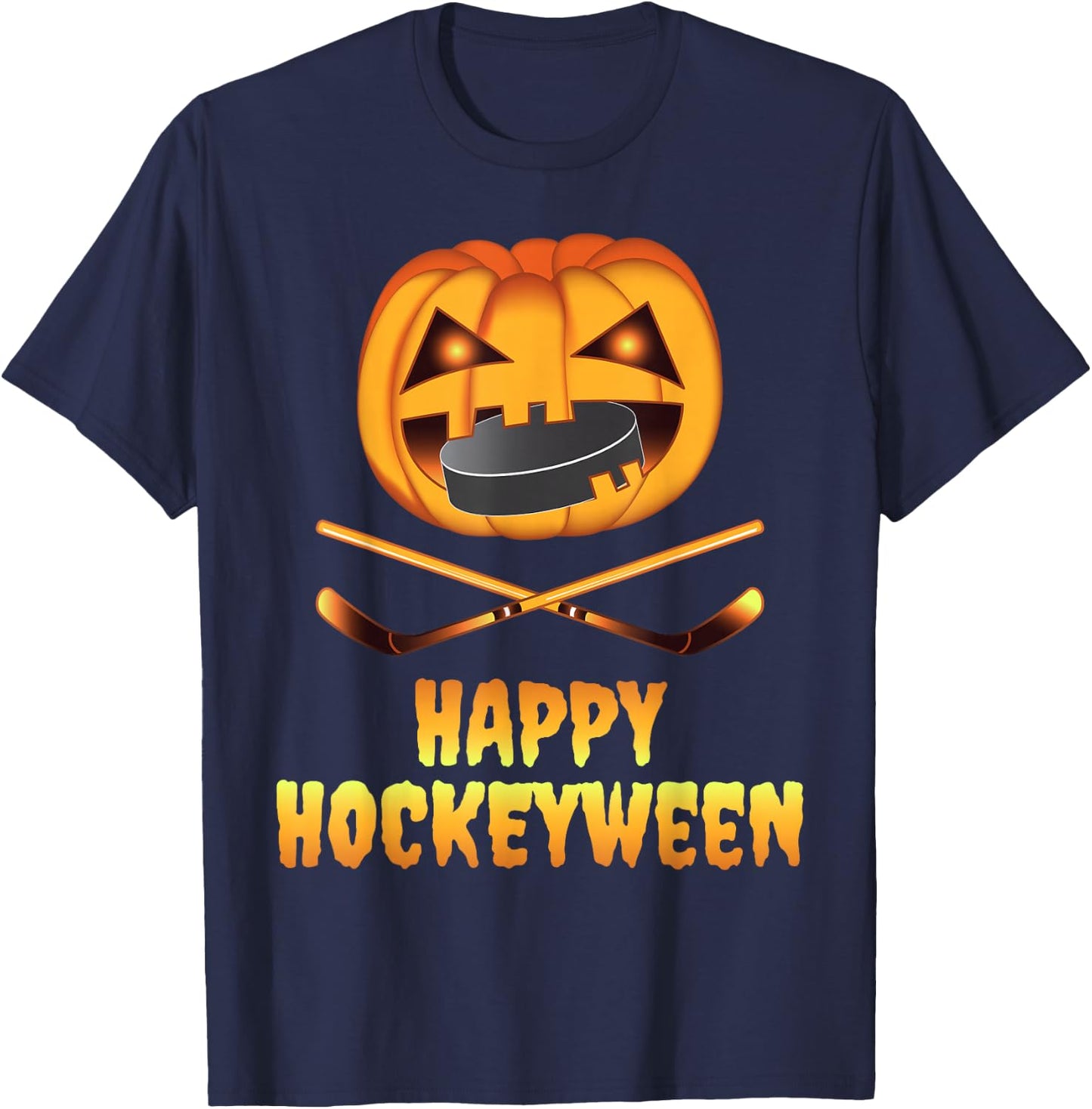 Happy Hockeyween Hockey Pumpkin Eating Puck Funny Halloween T-Shirt - T-Shirt | Navy