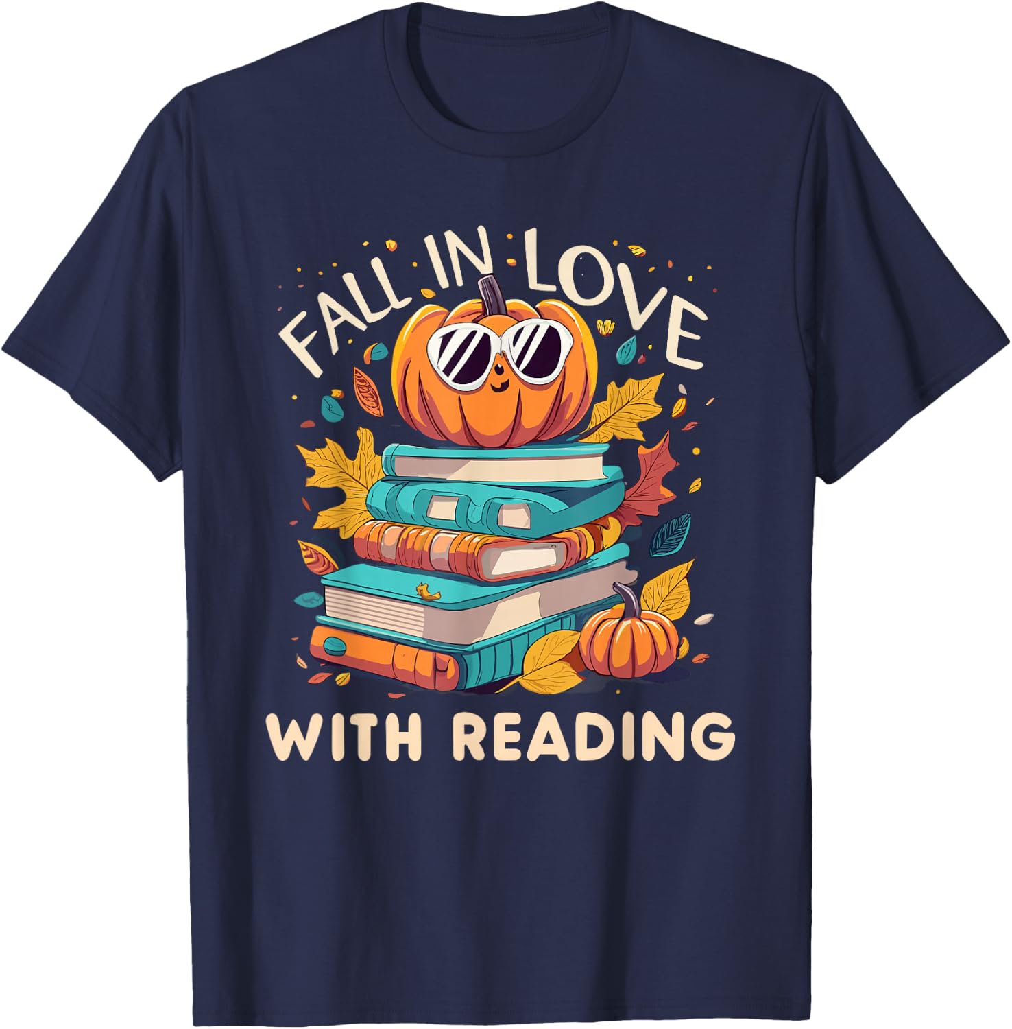 Fall In Love With Reading Book Autumn Pumpkins And Teachers T-Shirt - T-Shirt | Navy