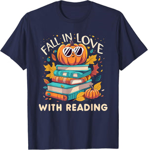 Fall In Love With Reading Book Autumn Pumpkins And Teachers T-Shirt - T-Shirt | Navy