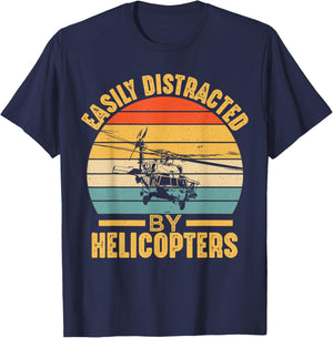 Helicopter Pilot Ideas Easily Distracted By Helicopters Funny Black Cotton 65% Polyester 35% T-Shirt - T-Shirt | Navy