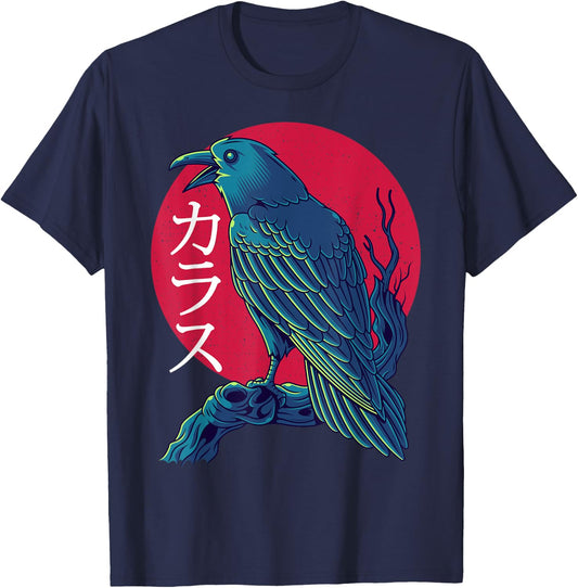 Red Moon Raven Black Crow Bird Japanese Gothic T-Shirt - T-Shirt | Navy