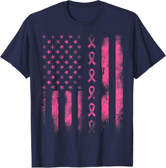 Breast Cancer Awareness - Pink Ribbon American Flag Women Kids Men T-Shirt - T-Shirt | Navy