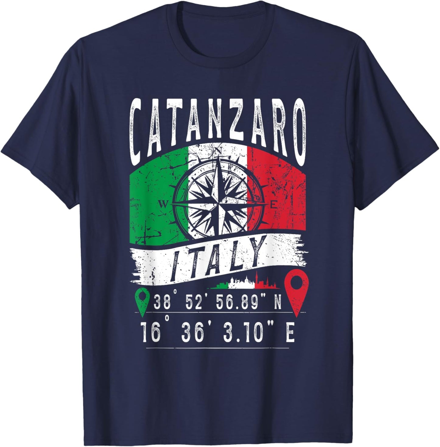 Catanzaro Italy Flag Italia GPS Coordinates Of Catanzaro T-Shirt - T-Shirt | Navy