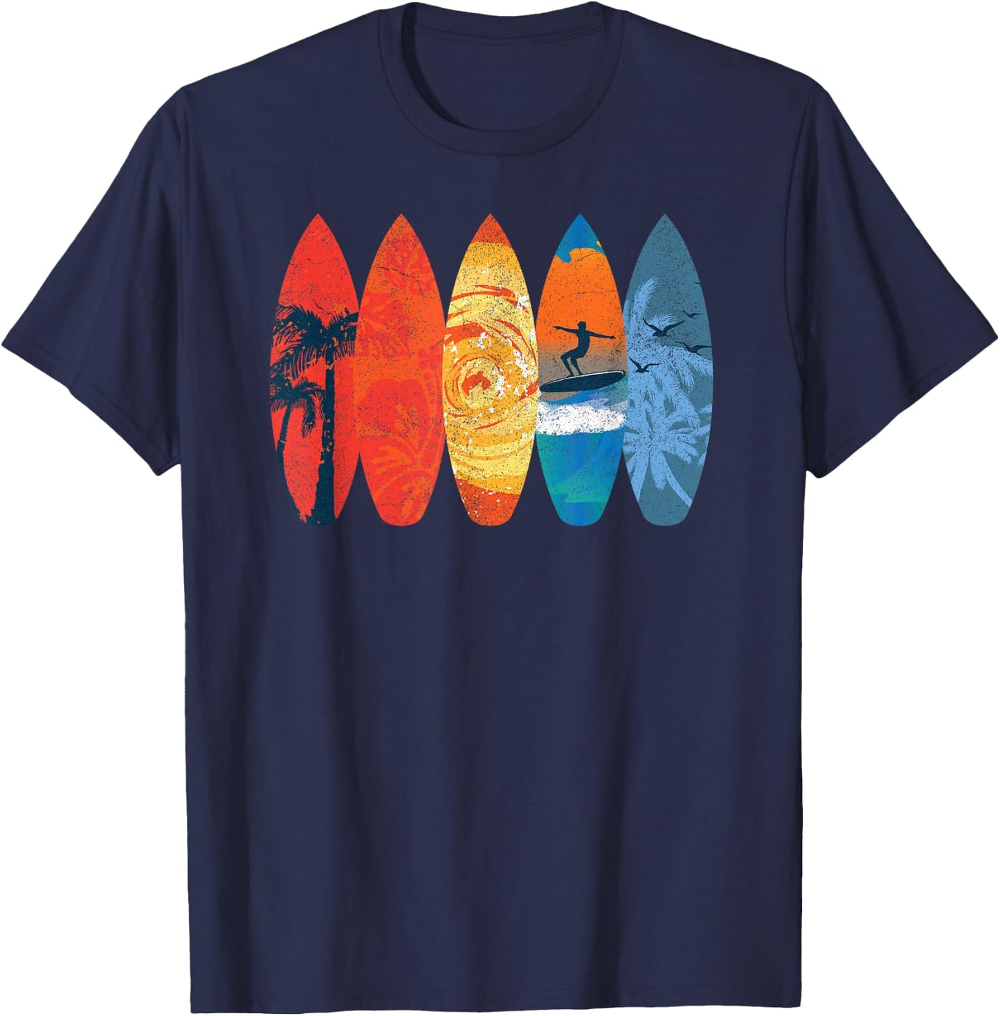 Surfing Surfer Palm Tree Surfboard Sunset Wave T-Shirt - T-Shirt | Navy