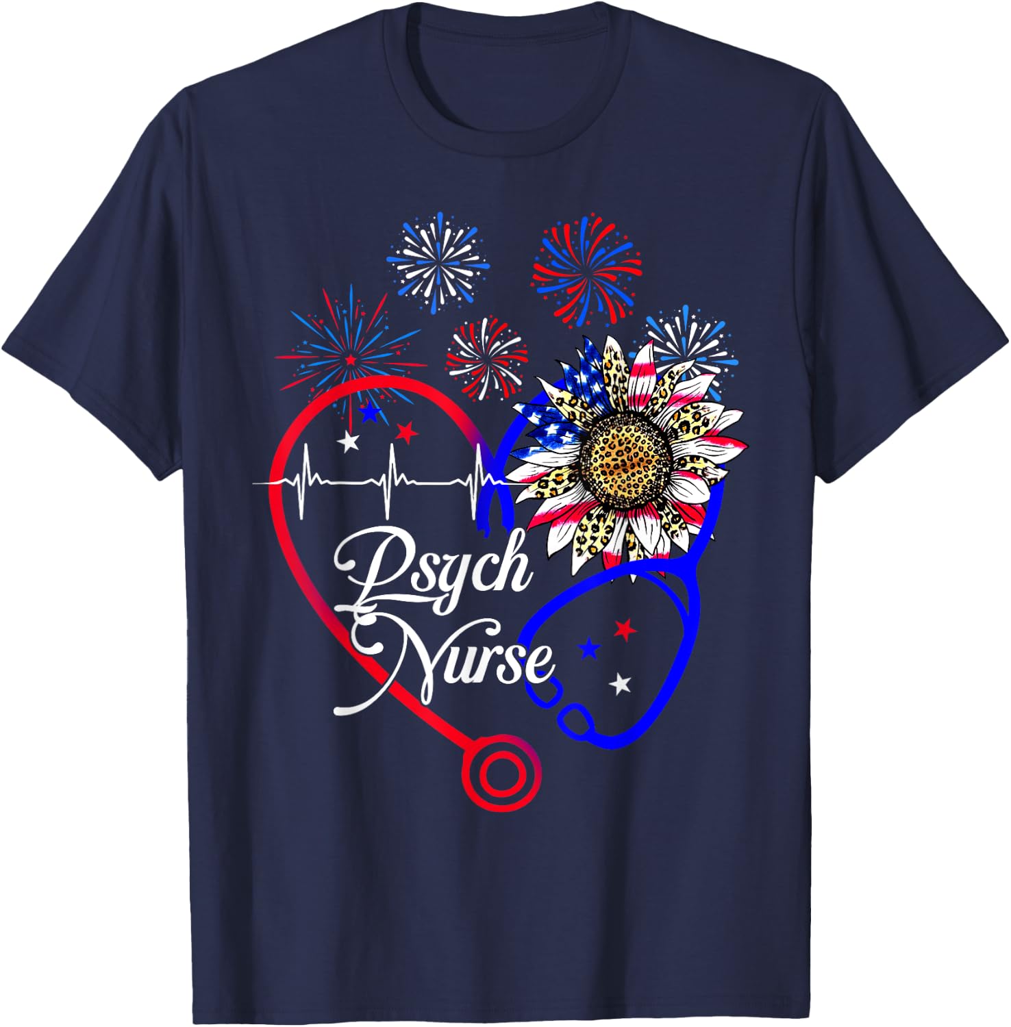 Patriotic American Psych Nurse Sunflower 4th Of July Nursing T-Shirt - T-Shirt | Navy