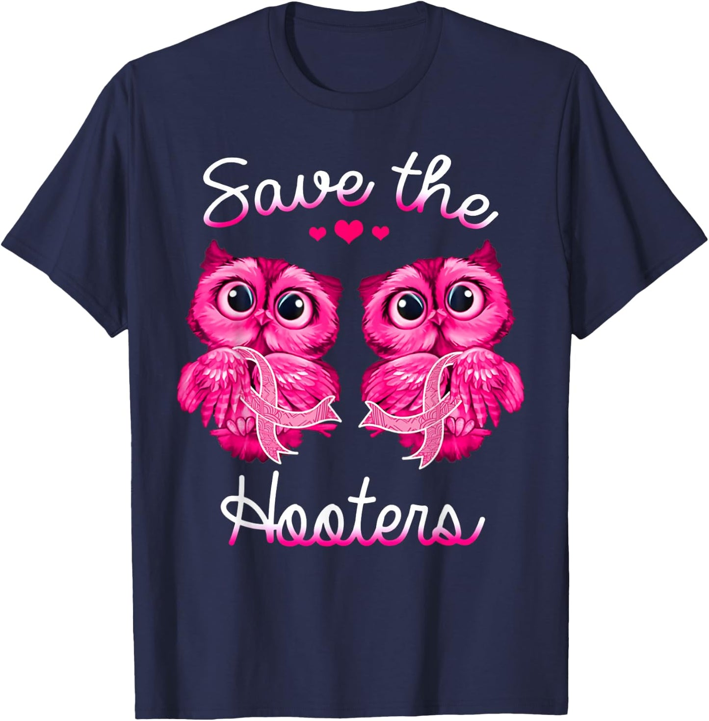 Owl Breast Cancer Awareness Save The Hooters T-Shirt - T-Shirt | Navy