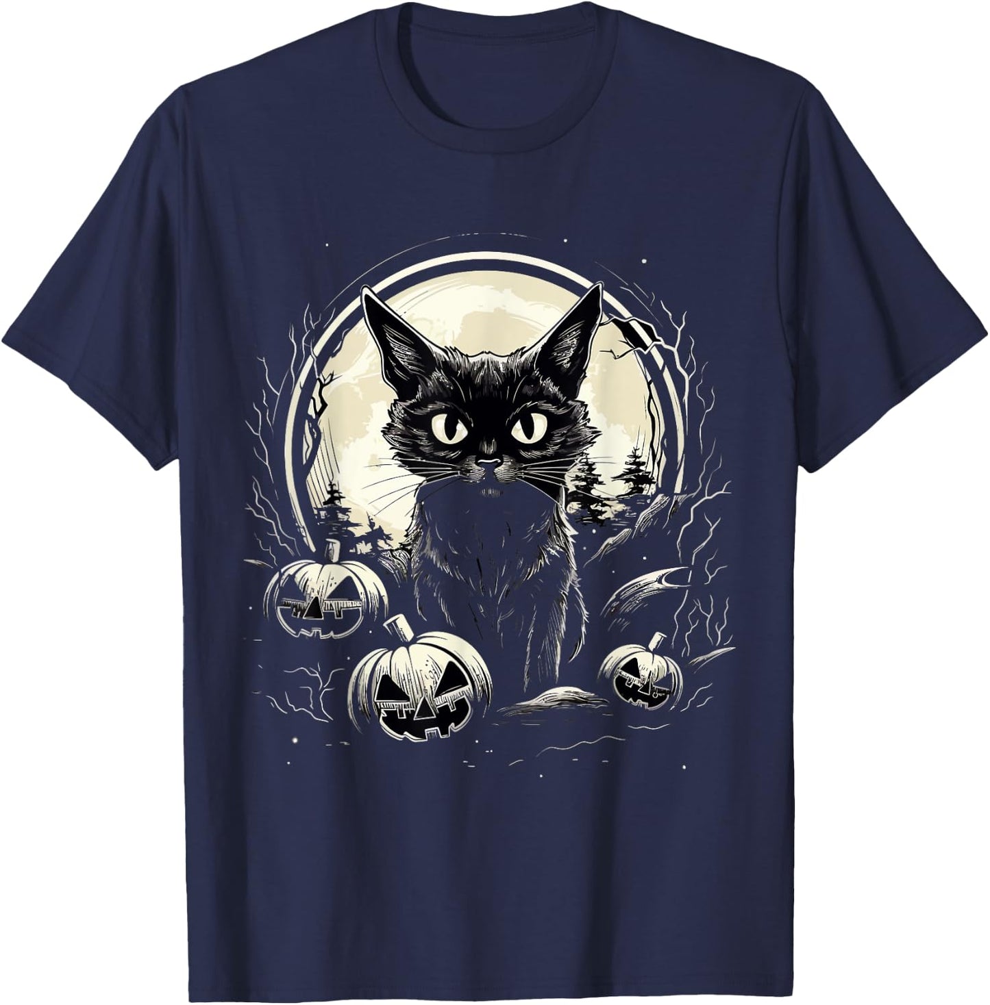 Halloween Black Cat Witch Pumpkins Men Women Kids Black T-Shirt - T-Shirt | Navy